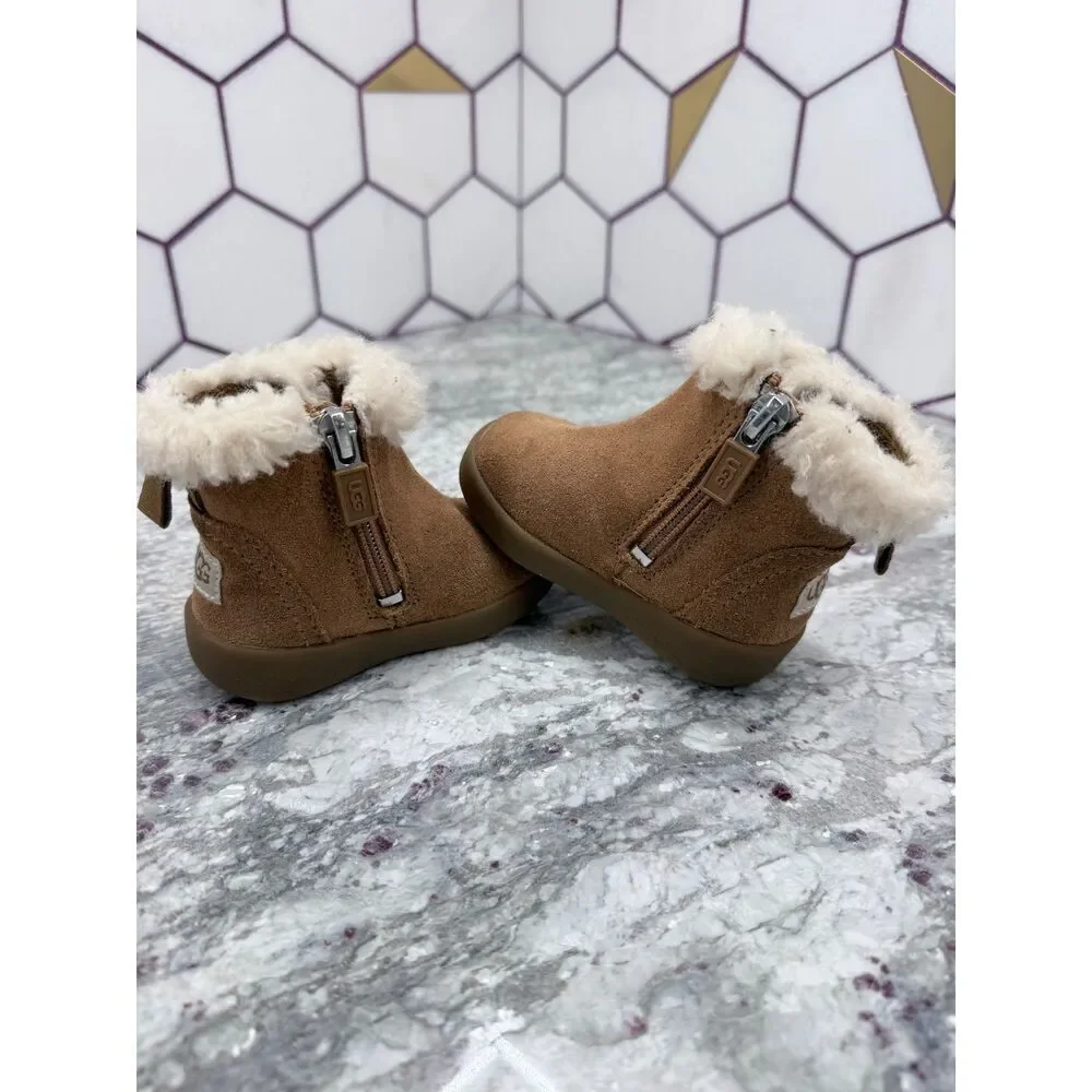 UGG Baby Mallya Boot Chestnut Suede with Fur Collar Western Eskimo Size 2/3